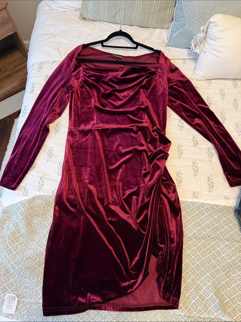 Ruched Velvet Long-Sleeve Dress in Burgundy
